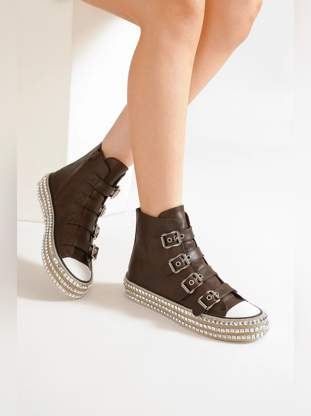 Beast Fashion Multi-Buckle Straps Studded Platform Sneakers
